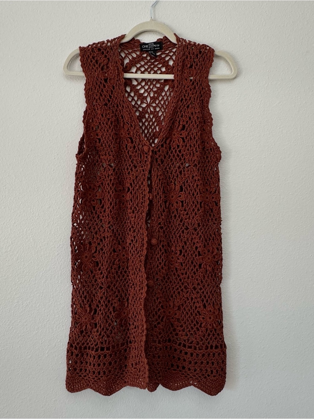 One Step Up Rust Terracotta Crochet Knit Duster Vest Boho Festival (OSFA)